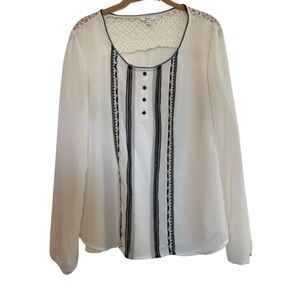 CANDIE’S Blouse Semi Sheer Ivory Lace Black Buttons and Accents Long Sleeve